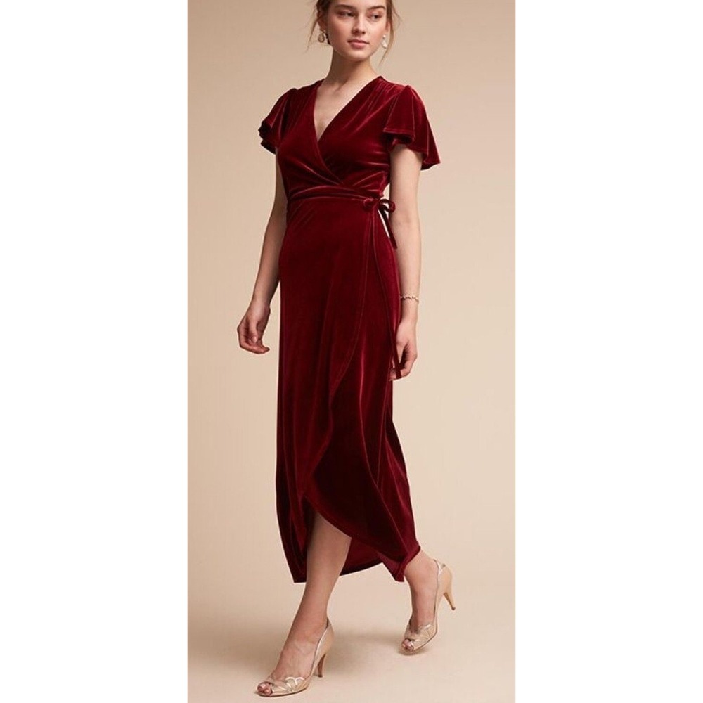 BHLDN Thrive Velvet Wrap Midi Dress Medium Red Flutter Sleeve V-Neck Midi‎